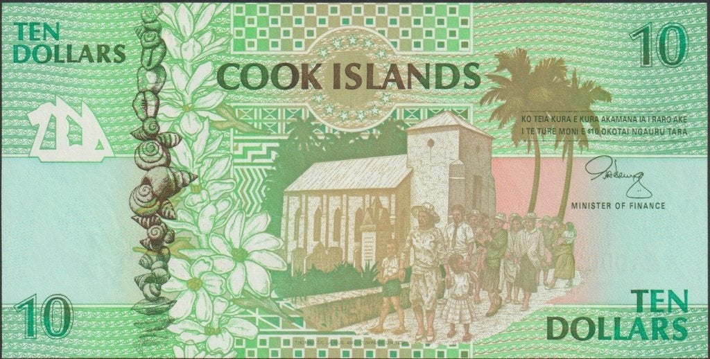 Cook Islands 10 dollars ND(1992) UNC p.8a laag serienr (#63), Verzenden, Los biljet