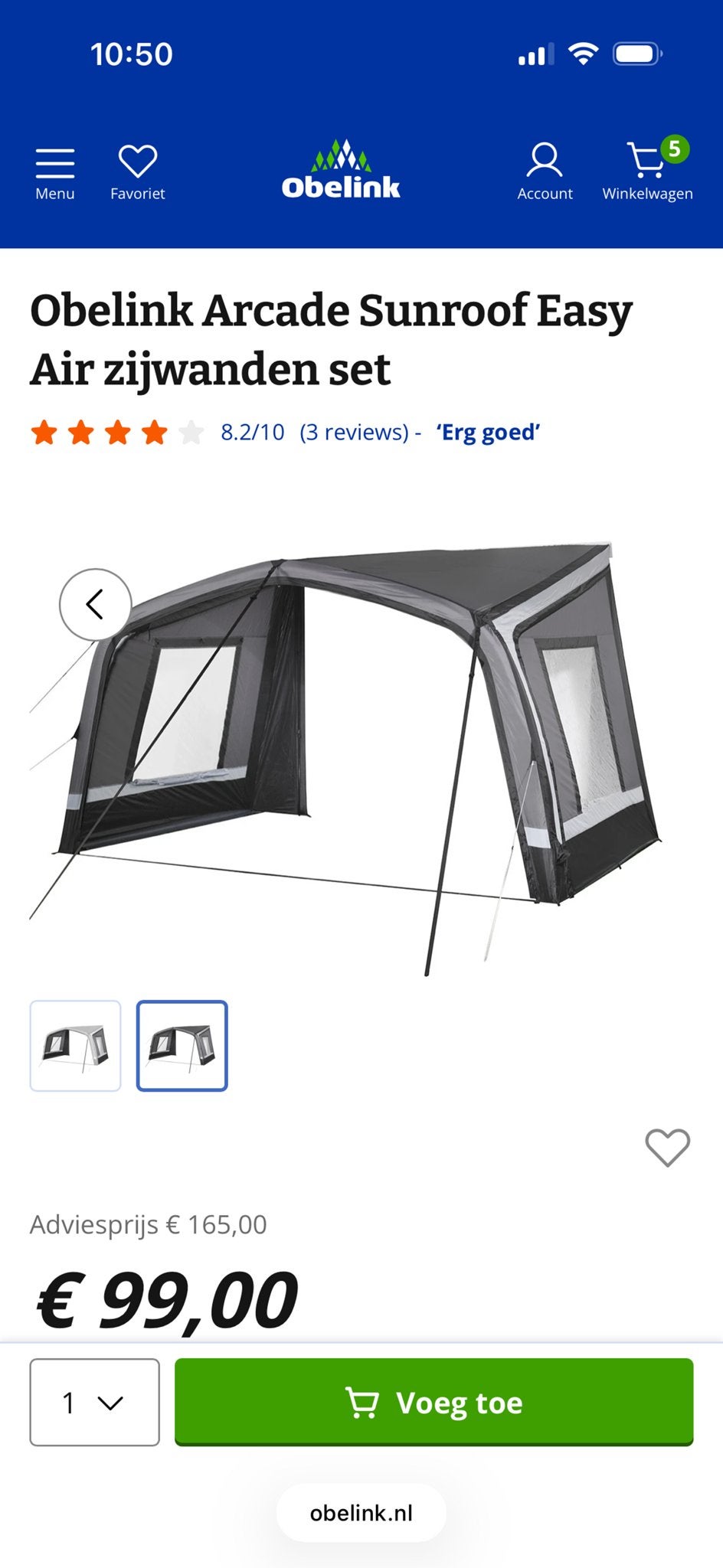 Obelink Arcade Sunroof Easy Air zijwanden set, Caravans en Kamperen, Ophalen of Verzenden, Zo goed als nieuw