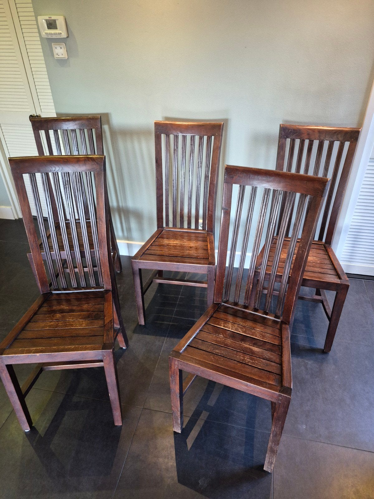Set van 5 brocante eetkamerstoelen., Ophalen, Gebruikt, Bruin, Vijf, Zes of meer stoelen