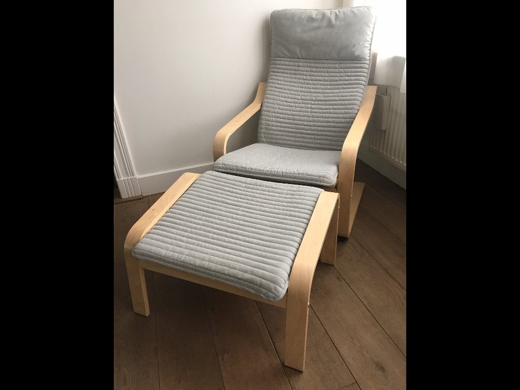 IKEA Poang Set zetel met voetbank naturel hout / lichtgrijs, Huis en Inrichting, Fauteuils, Ophalen, Zo goed als nieuw, Stof, Minder dan 50 cm