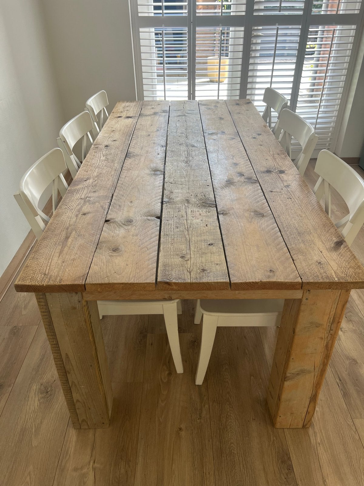 Jorg steigerhouten eettafel met 6 IKEA Rosentorp stoelen, Ophalen, Gebruikt, 200 cm of meer, 50 tot 100 cm