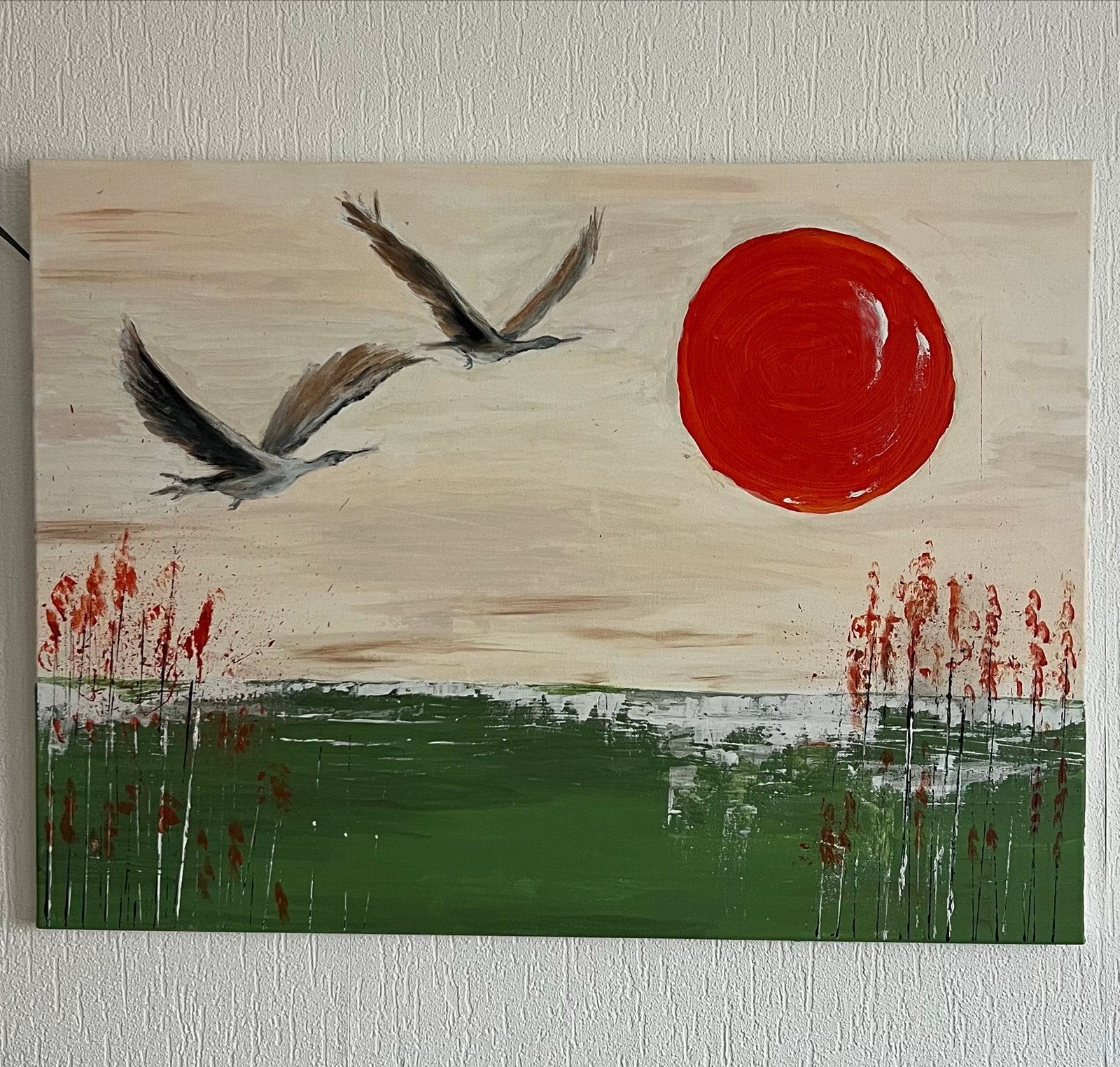 Schilderij: Vliegende vogels bij zonsondergang (75x55cm), Acrylverf, Dieren, Ophalen of Verzenden, Handgeschilderd