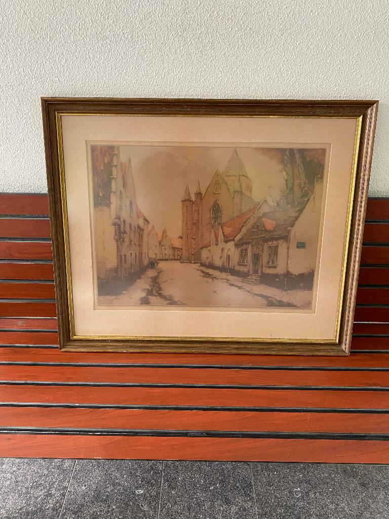 Originele kleurenets van Roger Hebbelinck (1912–1987, Antiek en Kunst, Kunst | Etsen en Gravures, Ophalen, 73 cm, Ets, Stadsgezicht