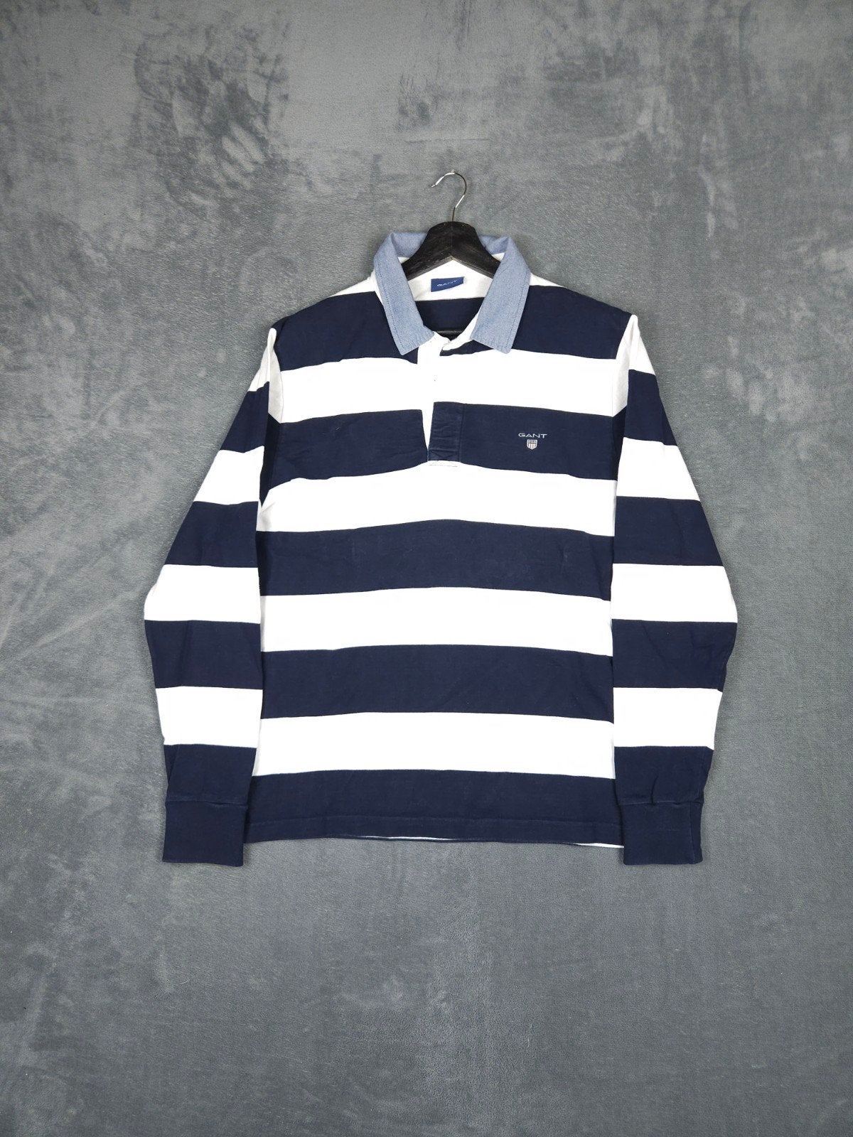 Gant Rugby Shirt L Marineblauw Wit Gestreept Lange Mouw Polo, Maat 52/54 (L), Blauw, ., GANT