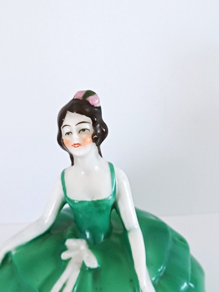 art deco dekseldoosje- trinket box-beeldje- dame 1920-'30, Ophalen of Verzenden