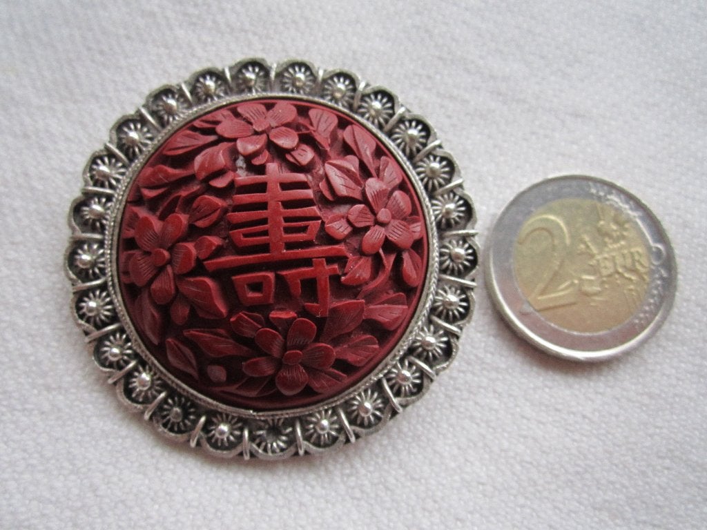 30.  Schitterende oude broche China,  cinnabar, zilver, Sieraden, Tassen en Uiterlijk, Antieke sieraden, Ophalen, Overige materialen