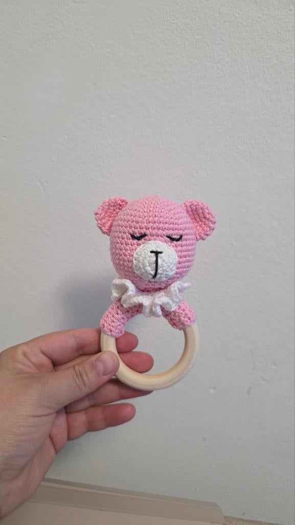 Roze gehaakte bijtring met beertje en houten ring, Ophalen of Verzenden, Nieuw, Overige typen