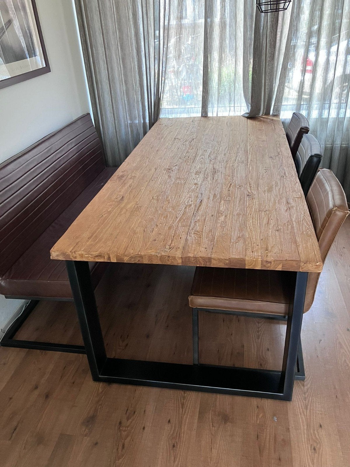 Robuuste eettafel metalen onderstel met stoelen en bankje, Ophalen, Rechthoekig, 200 cm of meer, 50 tot 100 cm