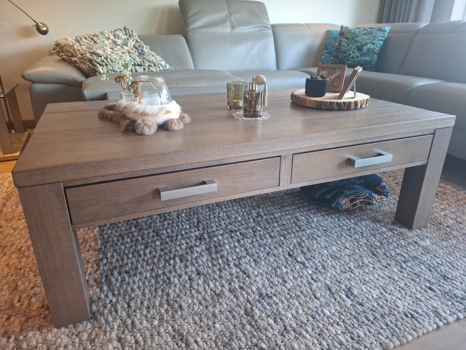 Massief eikenhouten salontafel met 2 laden - Nieuwstaat, 100 tot 150 cm, Eikenhout, Zo goed als nieuw, Rechthoekig