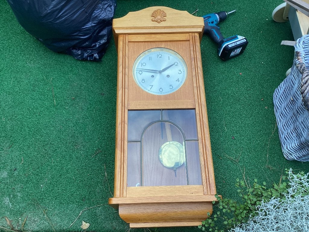 Wandklok, Ophalen, Bruin, Antiek, Met slagwerk
