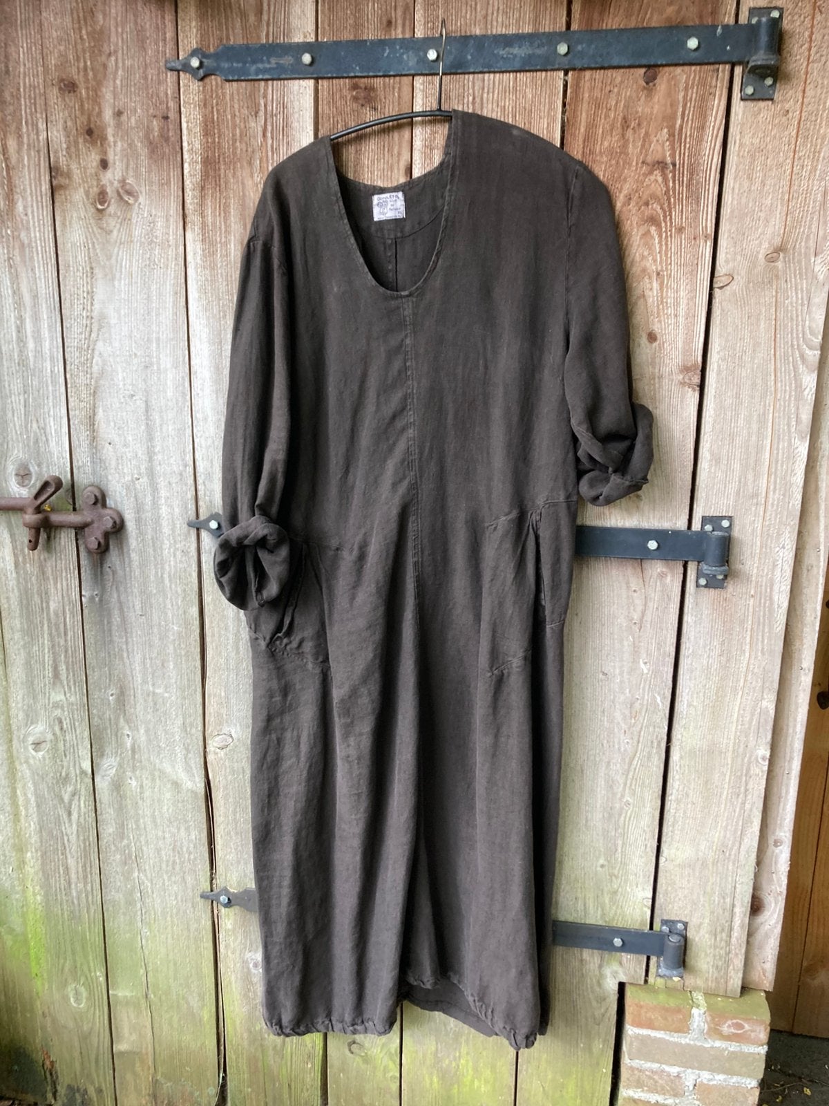 Lange jurk linnen donkerbruin Completo XL 42/46, Bruin, Maat 42/44 (L), Ophalen of Verzenden, Zo goed als nieuw