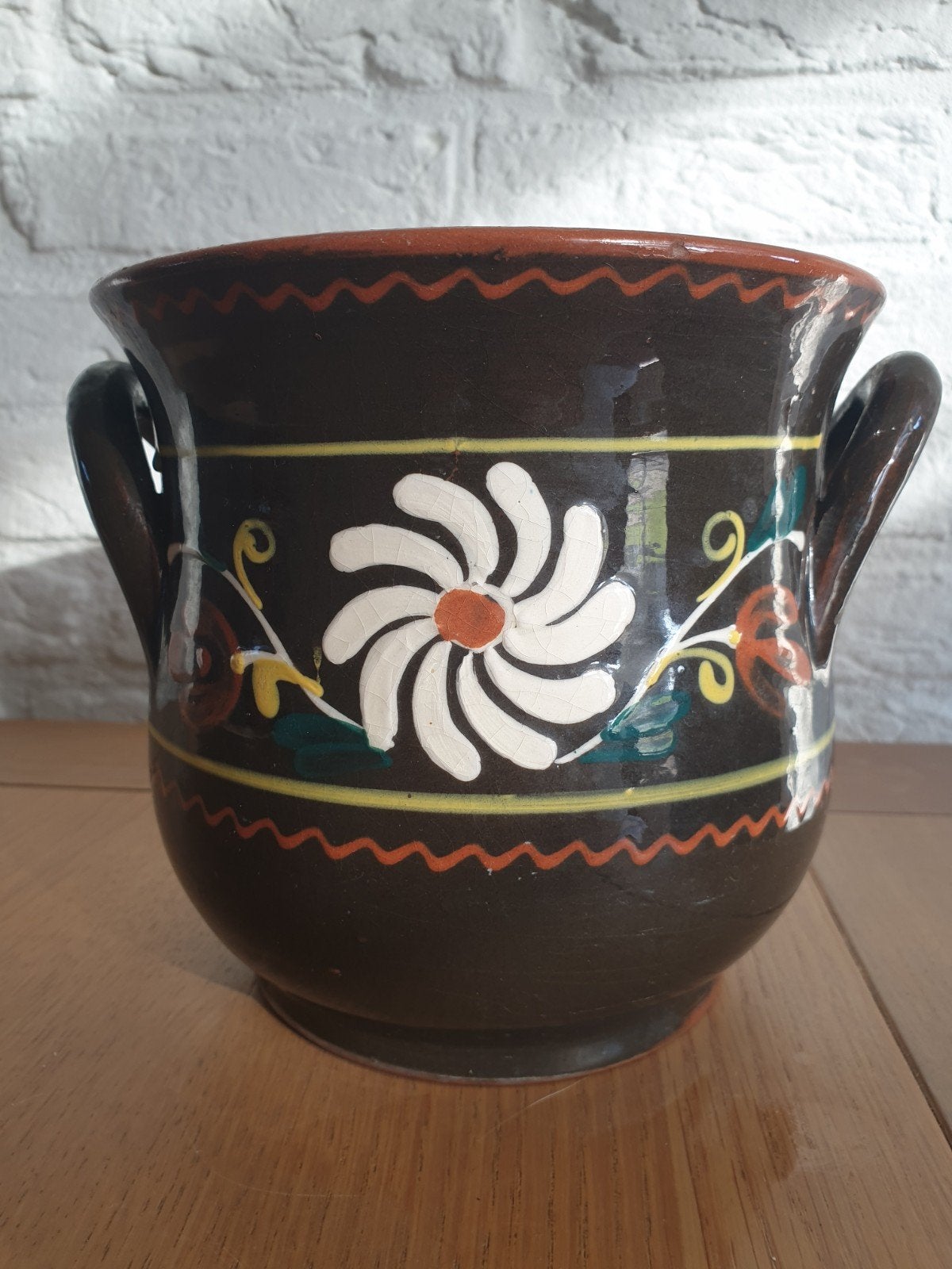 Vintage handgeschilderde grote bloempot. H 16 cm. Ø 16 cm., Ophalen of Verzenden