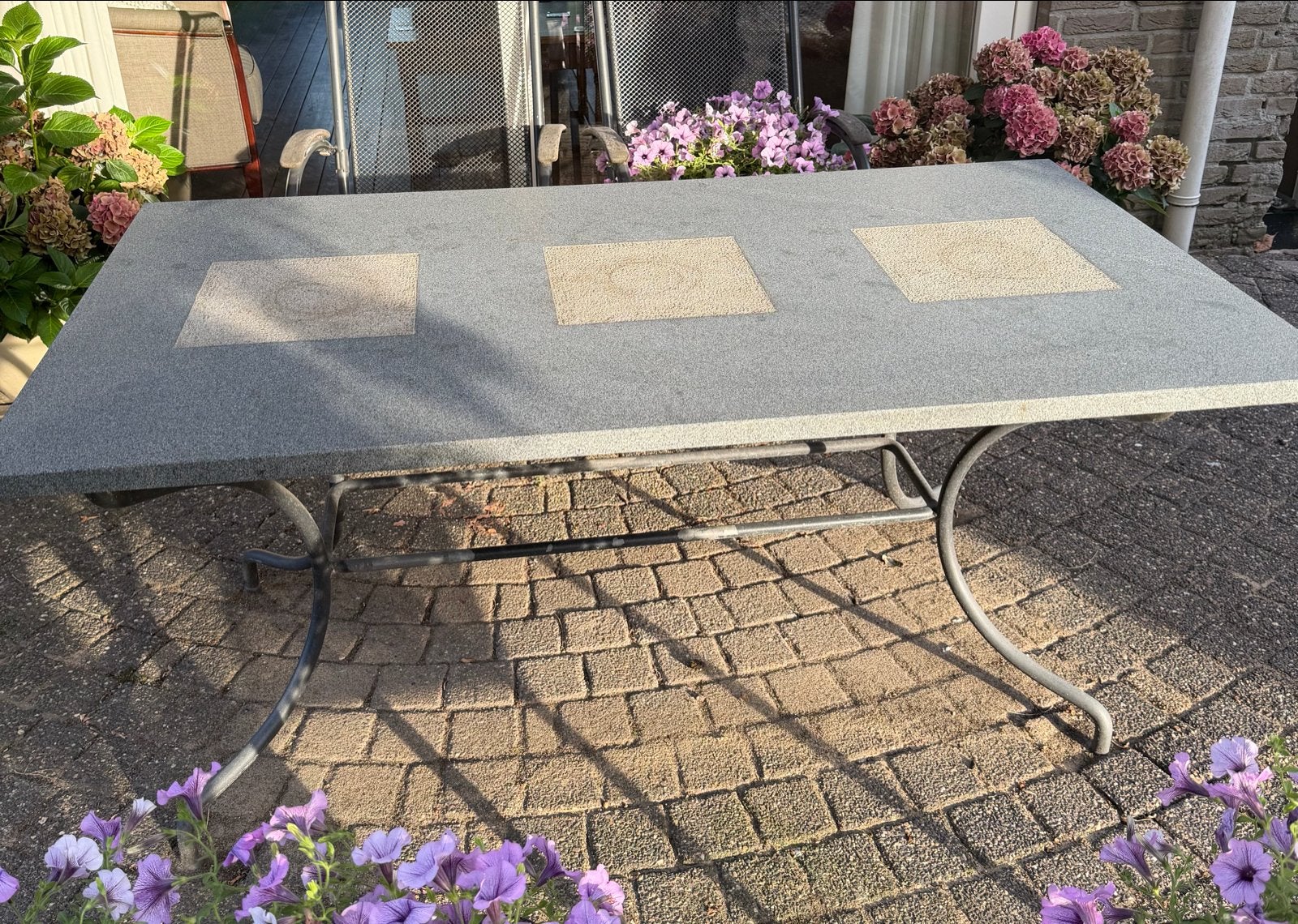 Tuintafel met natuurstenen blad 160x90cm, Ophalen, Gebruikt, Rechthoekig, Overige materialen