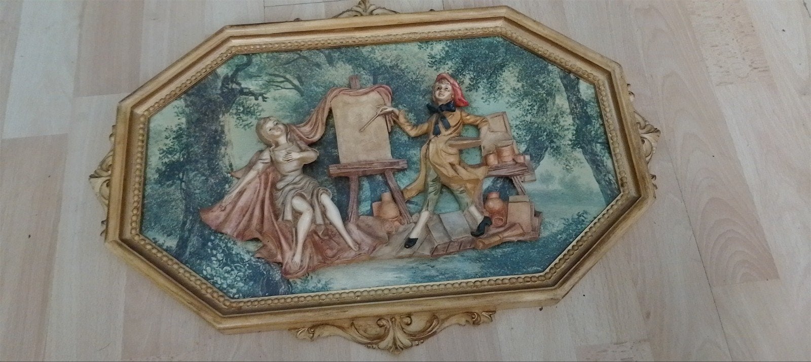 Vintage 3D Reliëf Schilderij: Kunstenaar en Model, Portret of Personen, Ophalen of Verzenden, Klassiek, Ingelijst