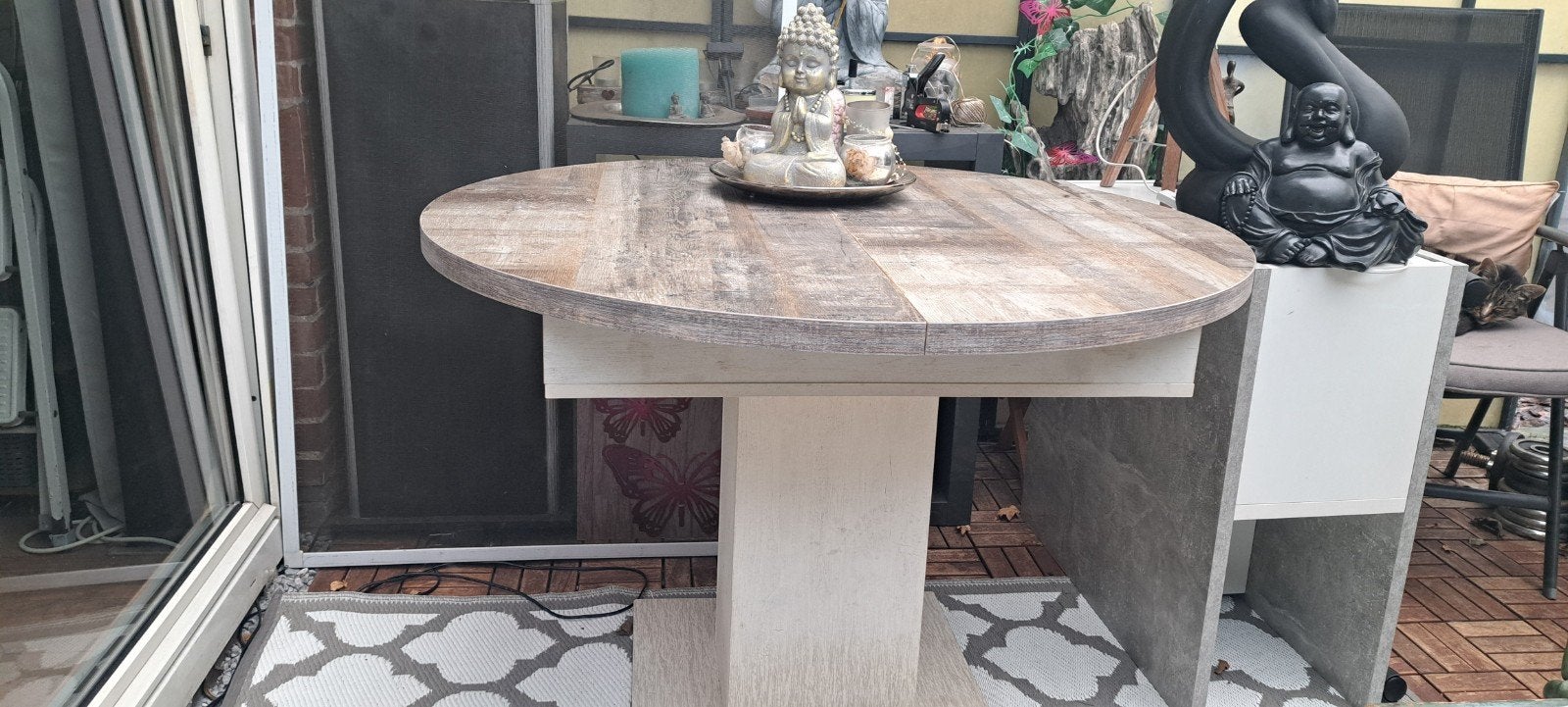 Uitschuifbare ronde eettafel - Houtlook, Ophalen, Gebruikt, Rond, Vier personen