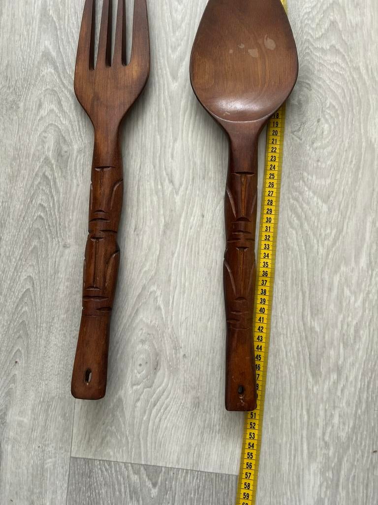 Grote (50cm) handgesneden houten lepel en vork, Ophalen of Verzenden, Zo goed als nieuw, Hout