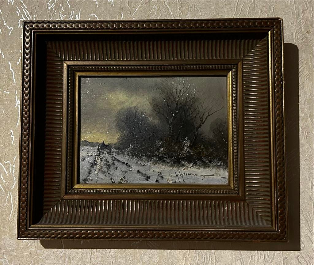 Sfeervol Winterlandschap door H. Hermans - 24x28 cm, Antiek en Kunst, Ophalen of Verzenden, Ingelijst, Olieverf, Landschap