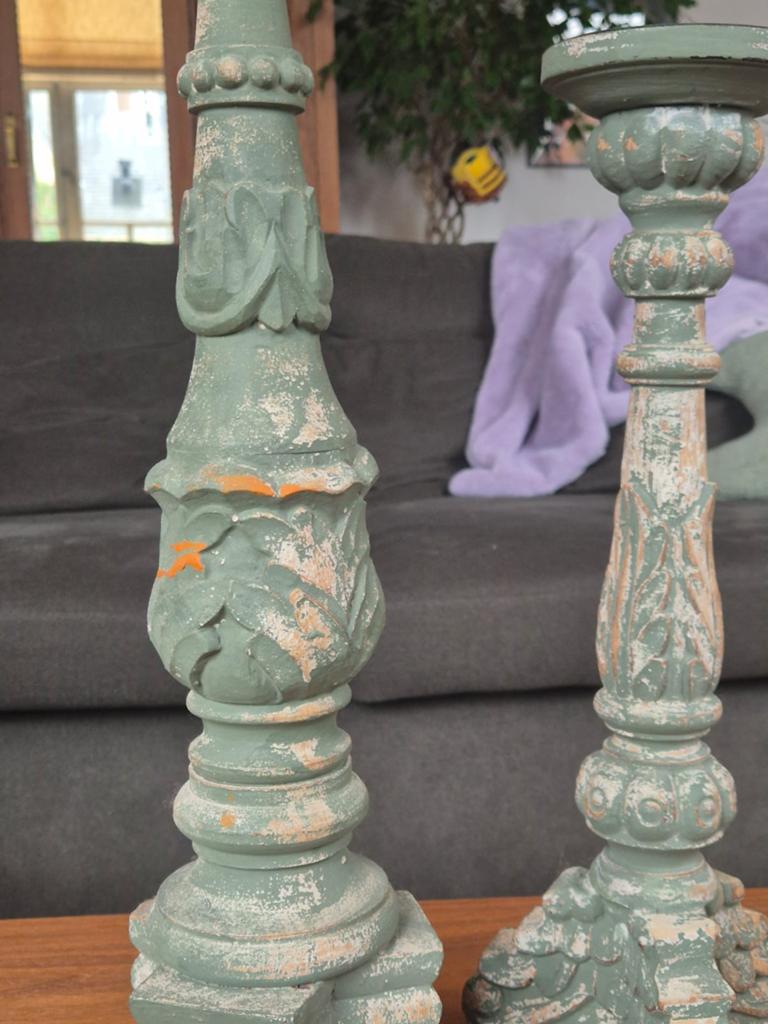 Set van 2 Vintage Houten Kandelaars - Groen Patina, Antiek en Kunst, Ophalen
