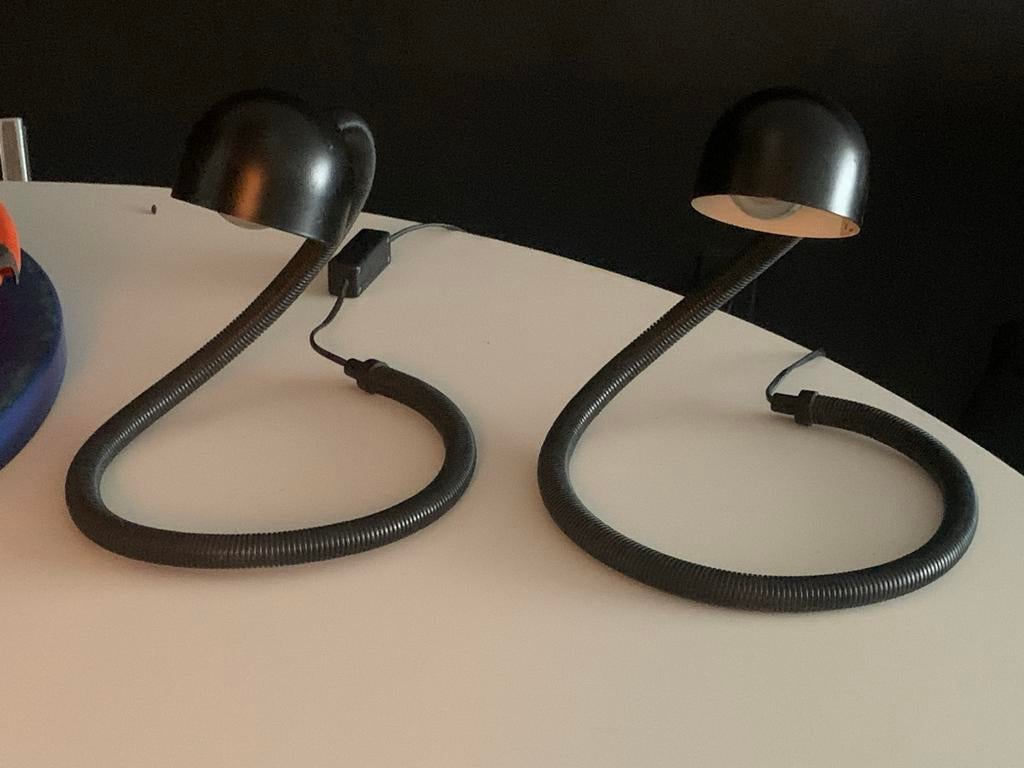 2 vintage flexibele zwarte tafellampen snake lamp met dimmer, Ophalen of Verzenden, Zo goed als nieuw, Metaal, 50 tot 75 cm