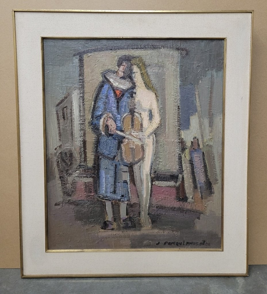 Jules DEMEULEMEESTER, de harlekijn-violist en zijn muze, Ophalen of Verzenden, Origineel werk, Olieverf, Doek
