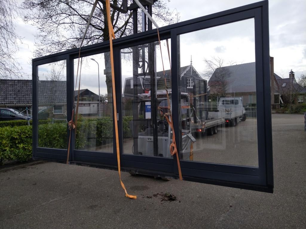Hardhout kozijn met w schuifdeuren 4 vakken, Ophalen, Schuifdeur, Glas, 120 cm of meer