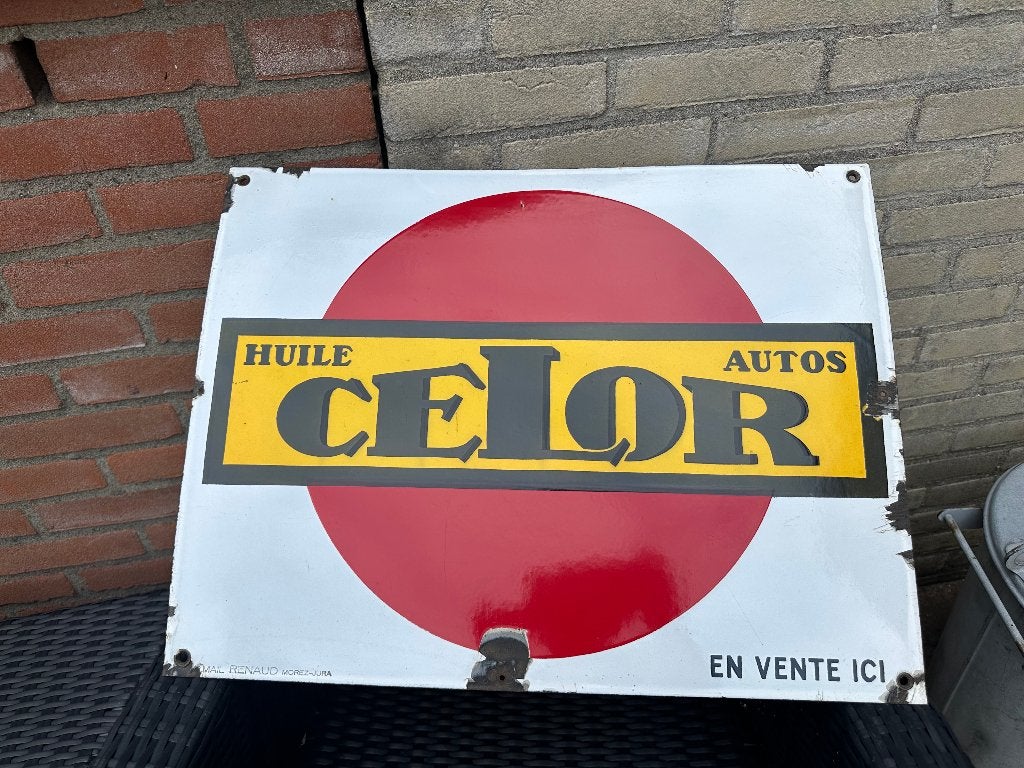 Mooi emaille CELOR olie bord. 75 x 65 cm., Ophalen of Verzenden, Gebruikt, Reclamebord