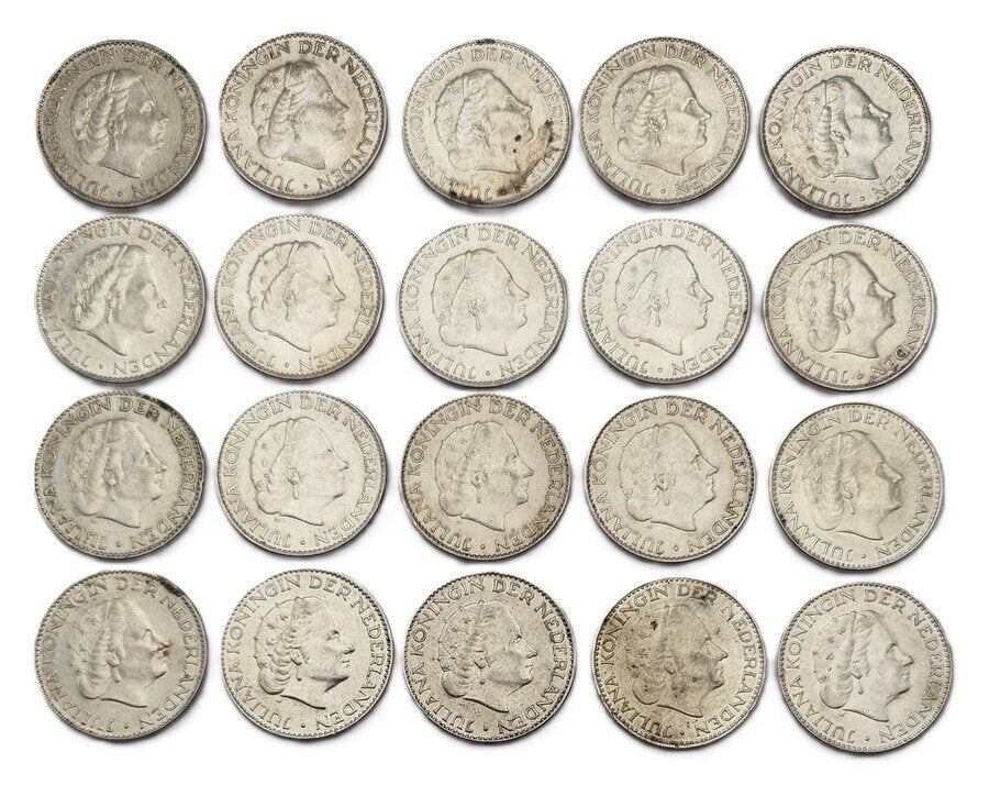 1036. Zilveren guldens - Juliana, Nederland, 1954–1967, 1 gulden, Koningin Juliana, Setje, Zilver