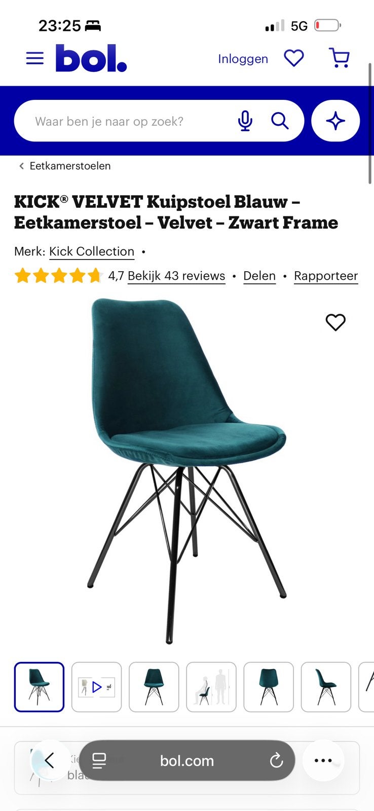 Eetkamerstoel, Huis en Inrichting, Ophalen, Blauw, Velvet, Zo goed als nieuw