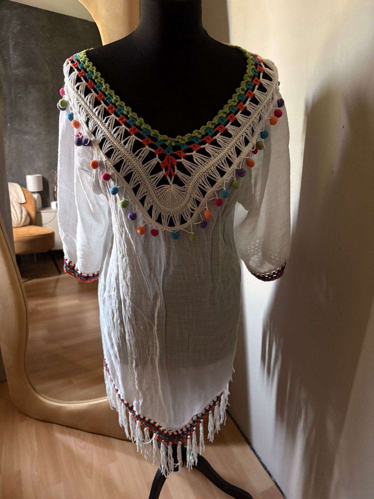 Ibiza witte blouse/strandjurkje mt 42 ZGAN, Ophalen of Verzenden, Zo goed als nieuw, Maat 42/44 (L), Wit