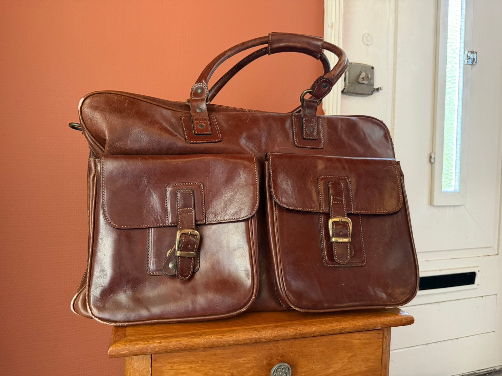 c.comberti Italiaanse leren reistas, ritsen als koffer, 40 tot 60 cm, 30 cm of meer, Bruin, Minder dan 35 cm