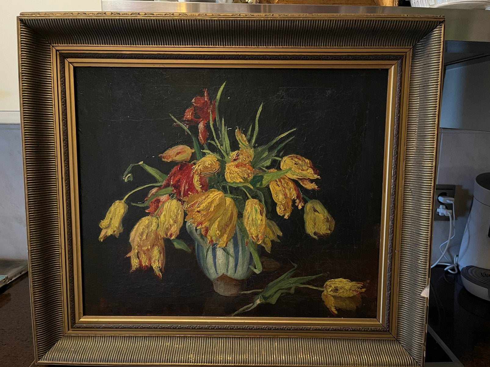 Groot antiek olieverf bloemen schilderij, Ophalen