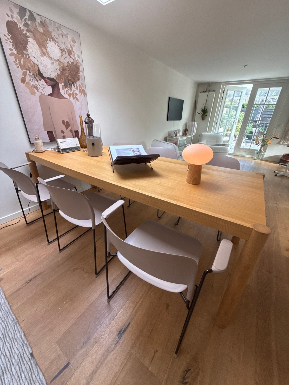 licht eikenhoutenfineer  eettafel met moderne stoelen, Ophalen, Eikenhout, 200 cm of meer, 50 tot 100 cm