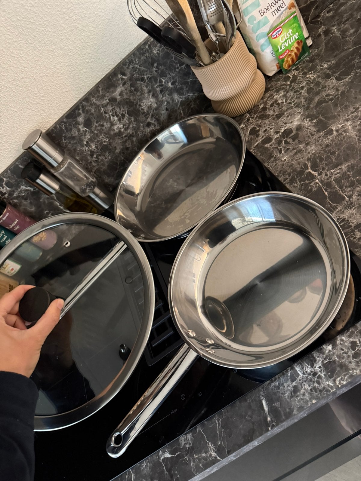 3delige koekenpannen set, Ophalen of Verzenden, Zo goed als nieuw, Rvs