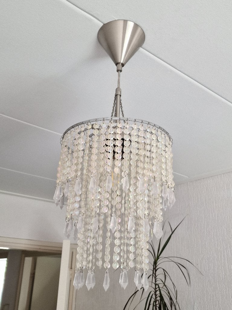 Kroonluchter met kristalhangers / Sfeervolle kralen hanglamp, Ophalen of Verzenden, Gebruikt, E27 (groot)