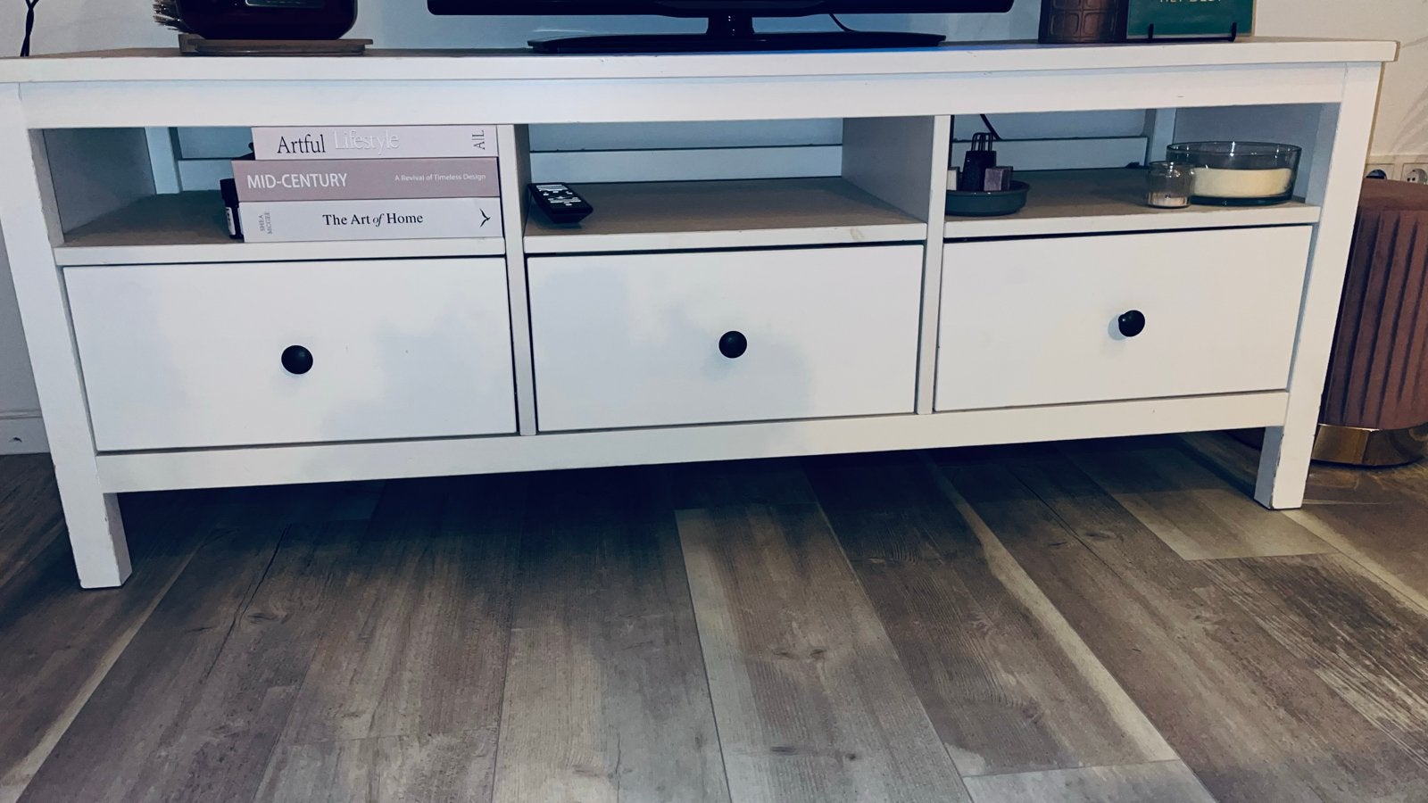 Witte TV-meubel met lades en opbergvakken, Ophalen, Gebruikt, 100 tot 150 cm, Minder dan 100 cm