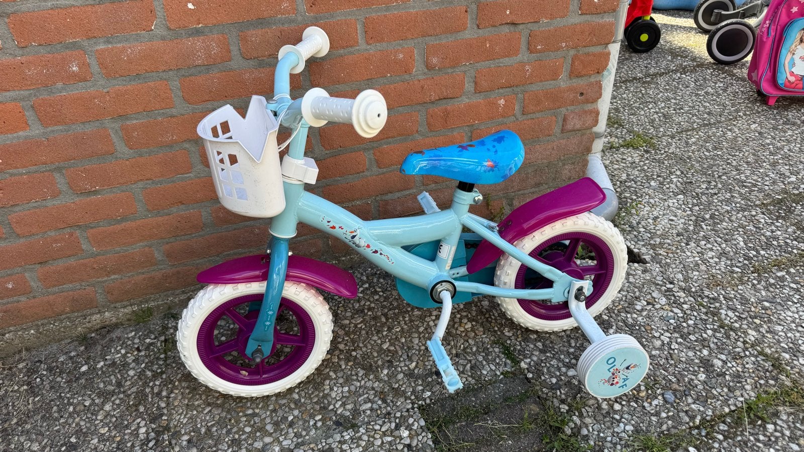 Kinderfiets 10 inch Frozen met zijwieltjes, Ophalen, Terugtraprem, Zijwieltjes, Gebruikt