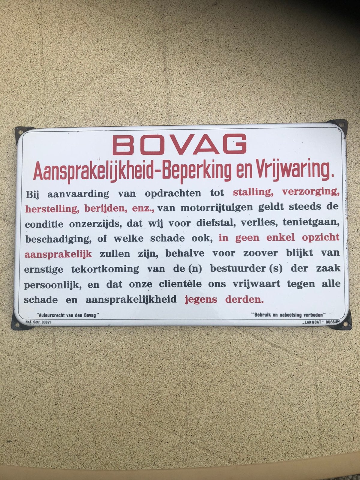 Emaille bord Bovag Langcat topconditie, Antiek en Kunst, Antiek | Emaille, Ophalen