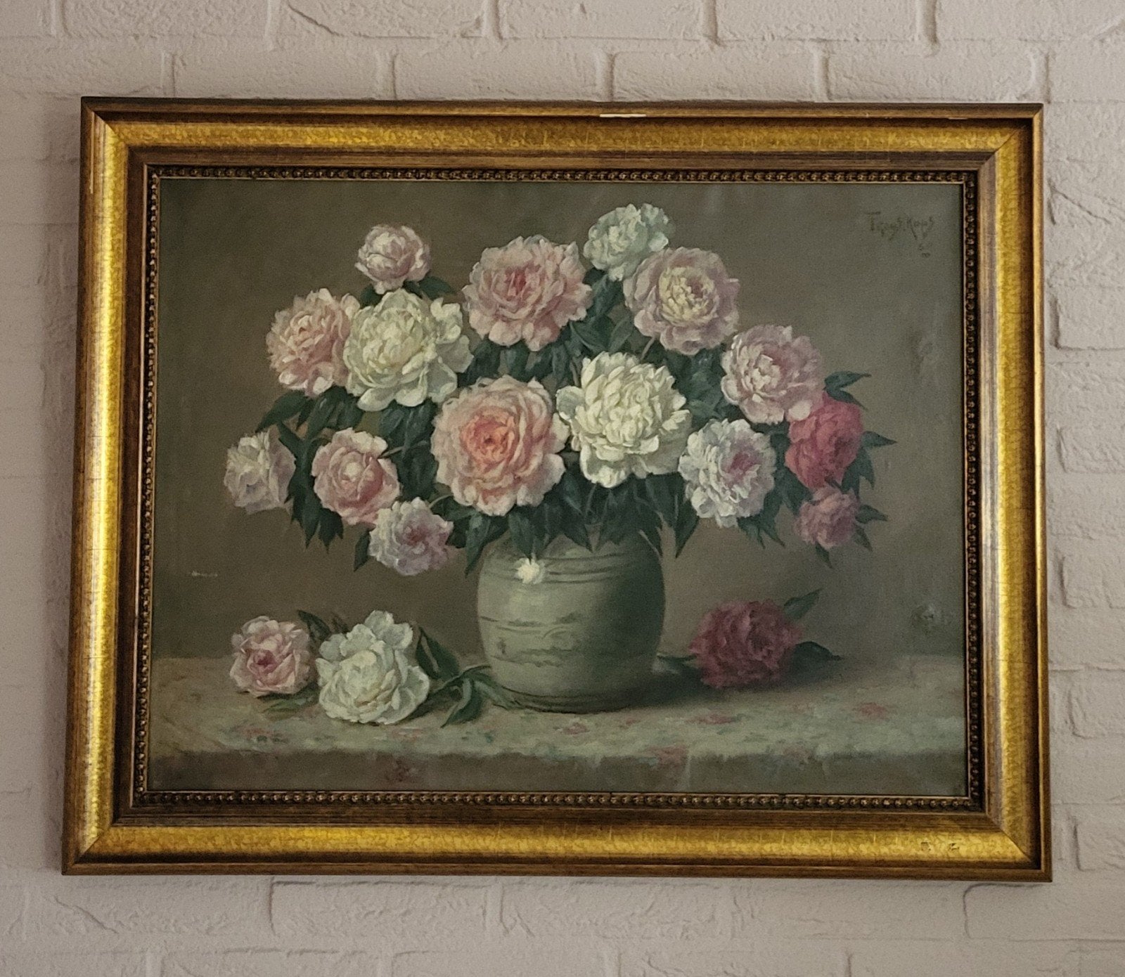 Olieverf op linnen rozen in gemberpot Frans Kops 1873, Ophalen