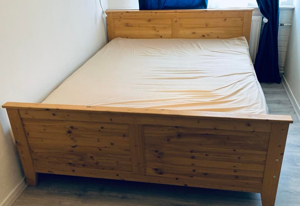 Blankhouten bed 160x200 met lattenbodem en optioneel matras, Ophalen, Gebruikt, Bruin, Tweepersoons