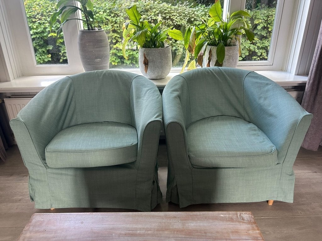 Twee Ikea Tullsta fauteuils met groene en grijze hoezen, Ophalen, Gebruikt, Minder dan 75 cm, 75 tot 100 cm