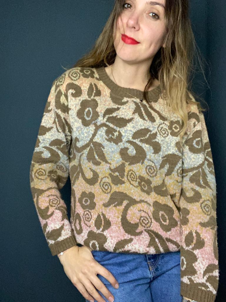Vintage trui - 80s 90s - print - bruin/beige - s/36/small, Hgv, Bruin, Hgv, Ophalen of Verzenden