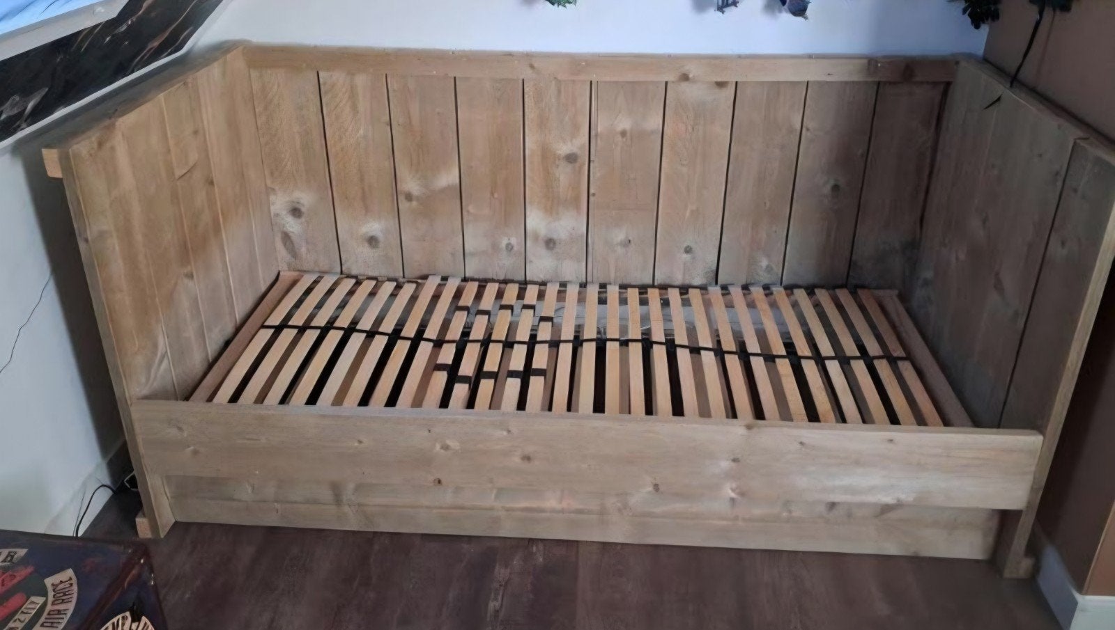 Steigerhouten slaapkamerset - bed en bureau, Ophalen, Gebruikt, 90 cm, Eenpersoons