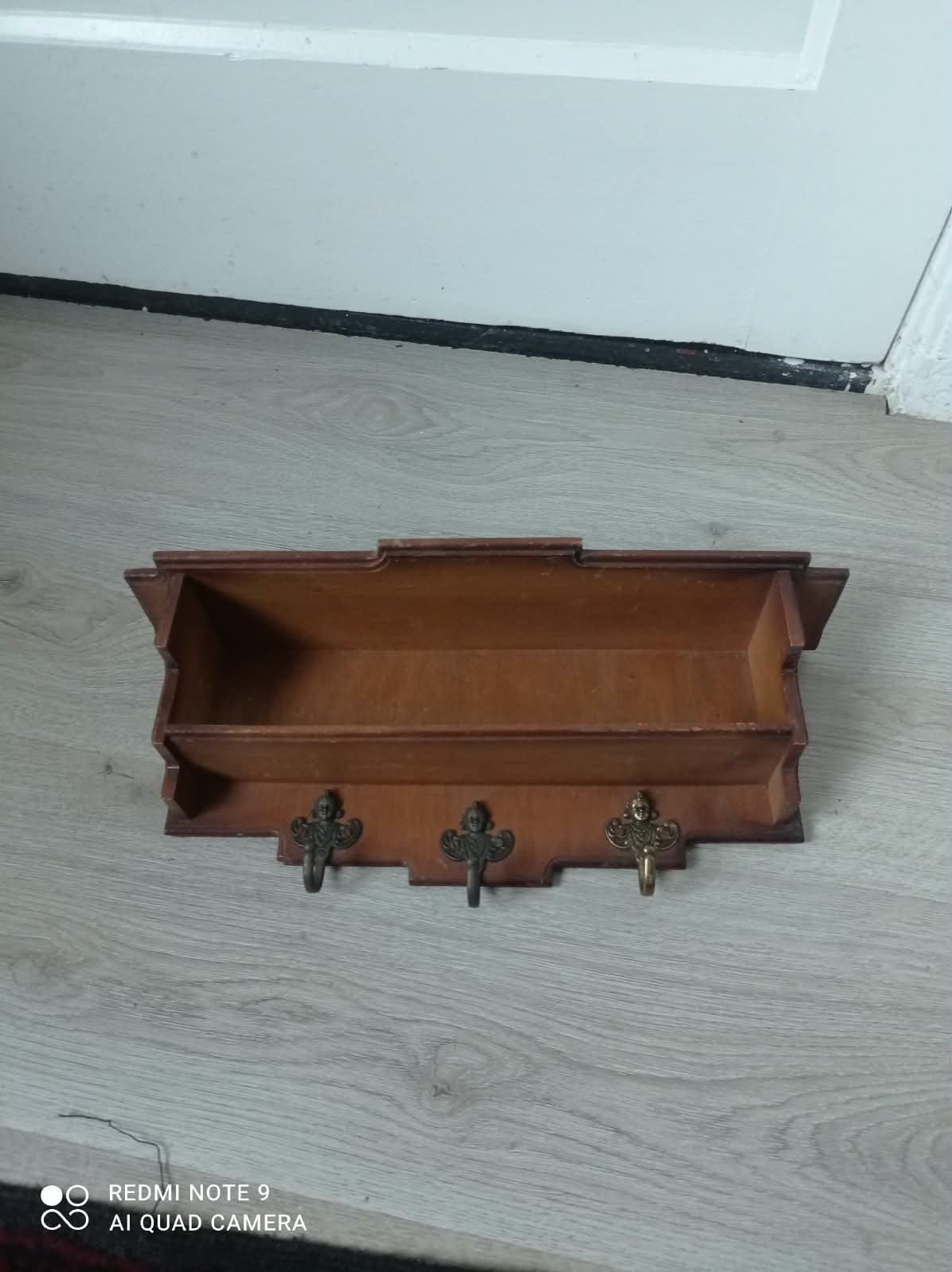 Vintage houten wandkapstok met messing haken, Ophalen of Verzenden