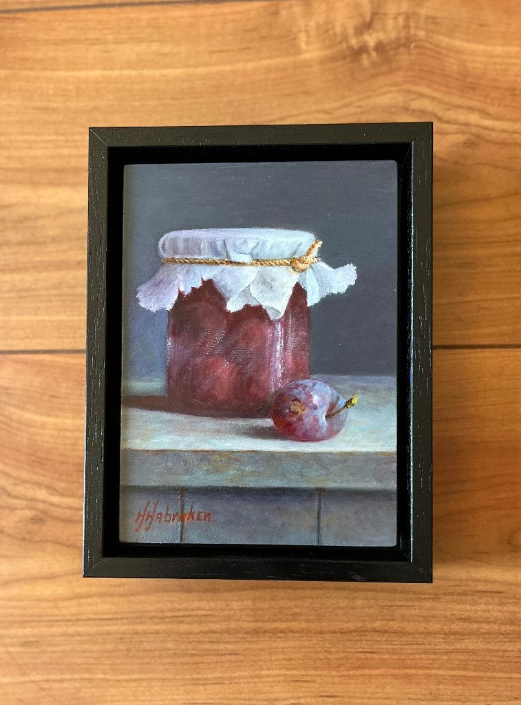 Schilderij pruimen in een weckpot. Hans Habraken., Ingelijst, Paneel, Realistisch, Stilleven