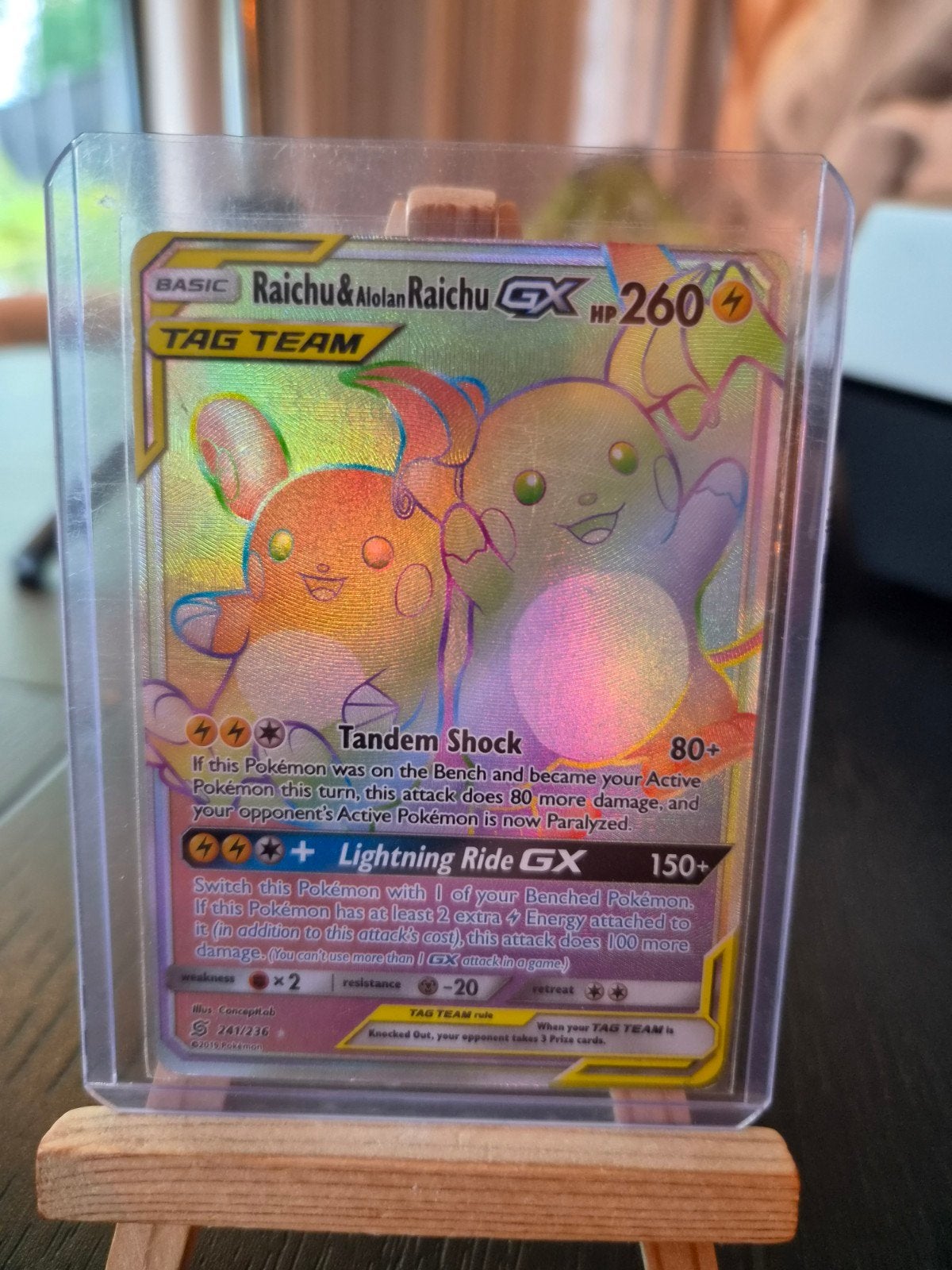 Raichu & Alolan Raichu GX Tag Team Pokémon Kaart, Ophalen of Verzenden, Zo goed als nieuw, Losse kaart, Foil