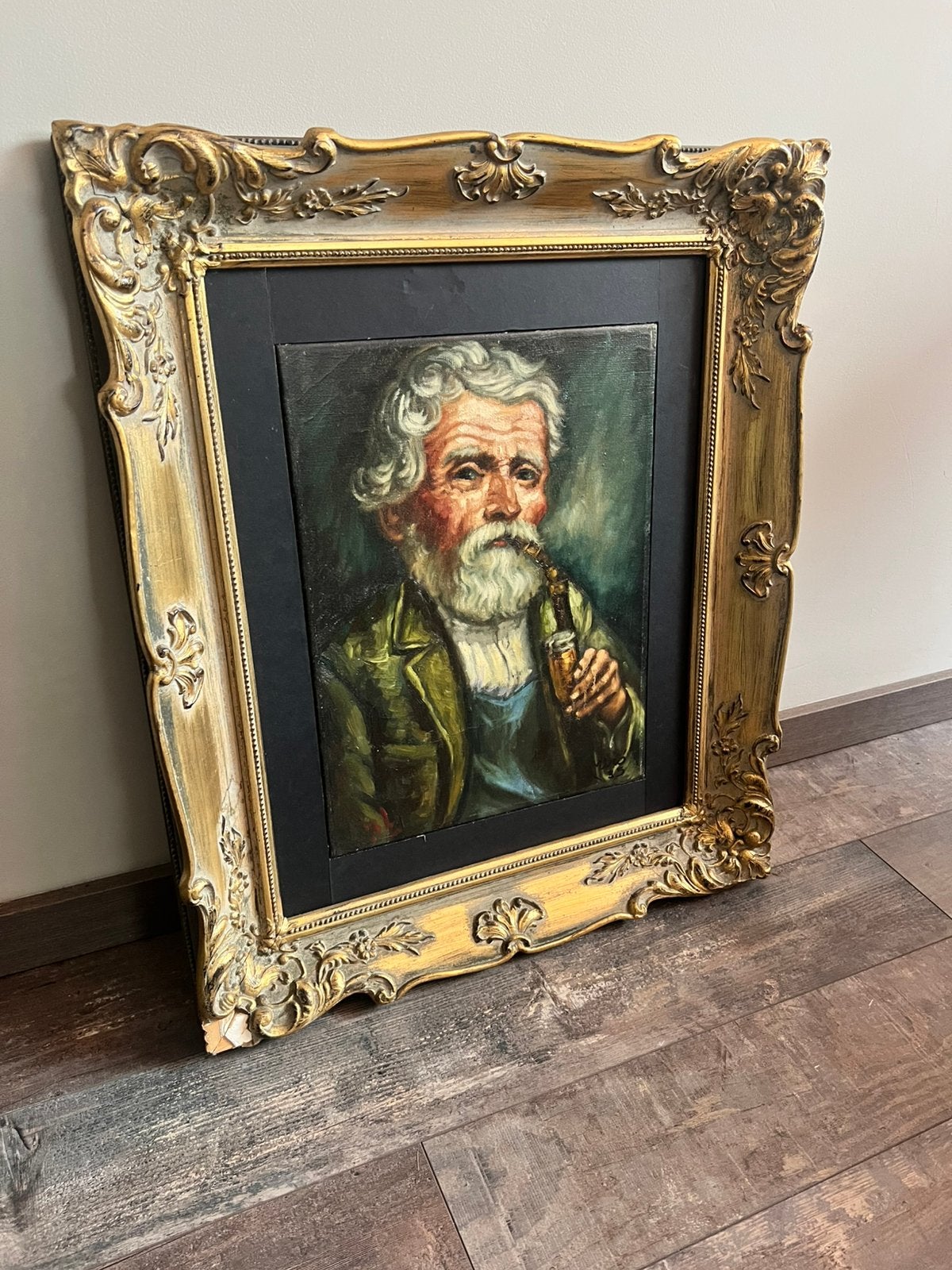 Vintage portret man rookt pijp in barokke lijst, Antiek en Kunst, Ophalen