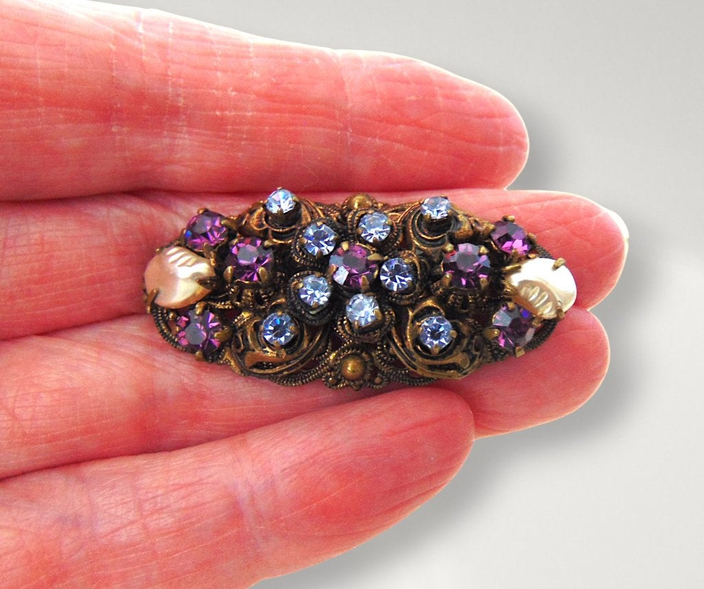 Vintage W. Germany filigraan broche strass faux parel!, Overige materialen, 4 tot 7 cm, Overige kleuren, Verzenden
