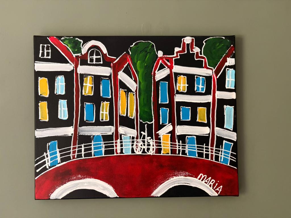Schilderij met Amsterdamse grachten pandjes, Ophalen of Verzenden