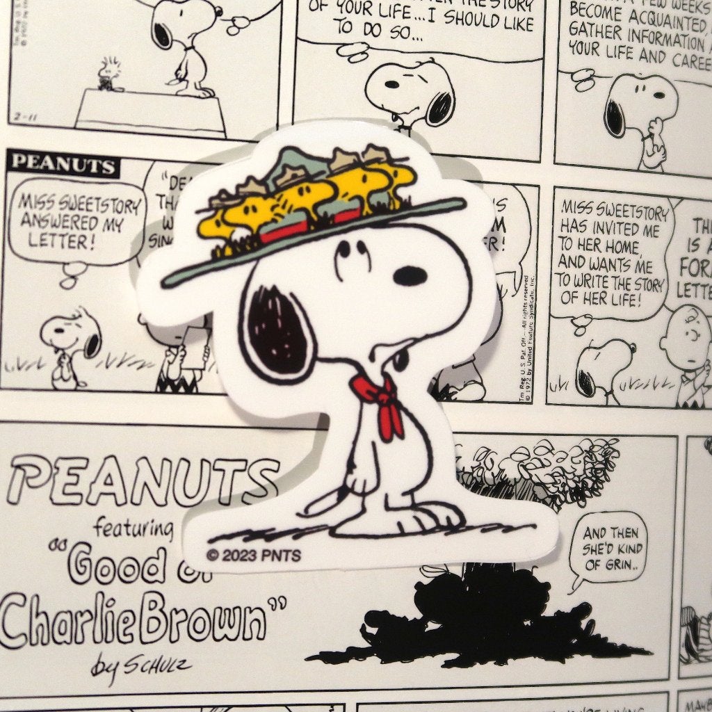 Snoopy en Woodstock van Peanuts strips Beagle Scouts Sticker, Verzenden, Snoopy, Nieuw, Plaatje, Poster of Sticker