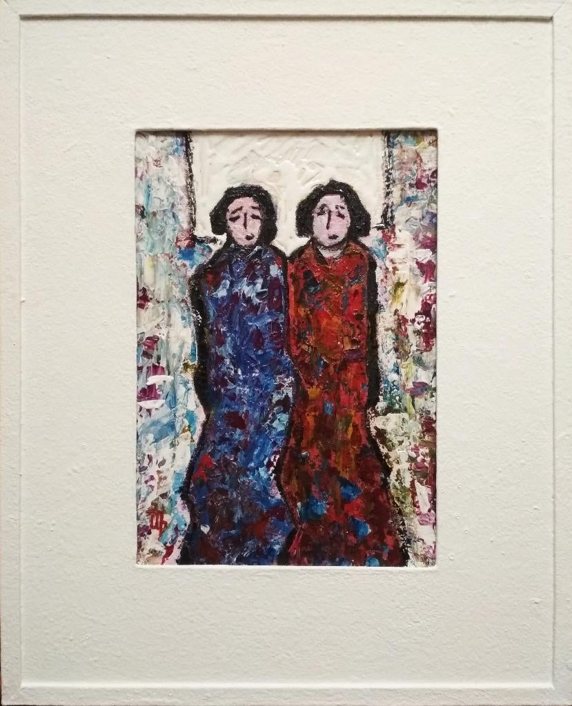 "Vrienden" Ingelijst schilderij, Antiek en Kunst, Kunst | Schilderijen | Modern, Verzenden